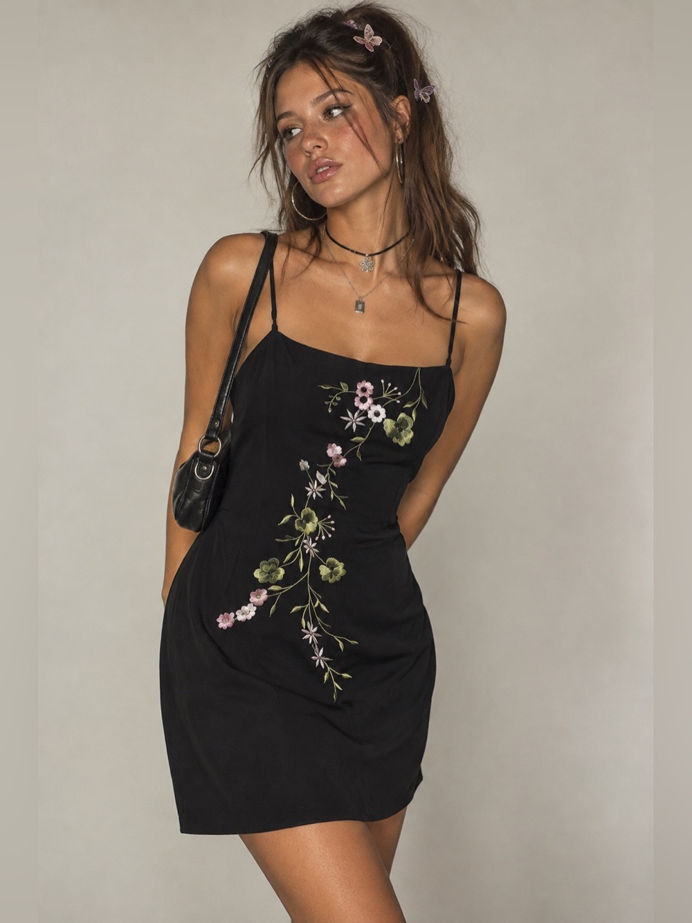 Vintage 90s Black Floral Embroidered Mini Dress Spaghetti Strap Whimsigoth Sz 10